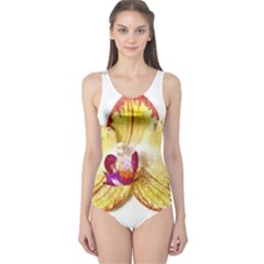 Yellow Phalaenopsis Flower, Floral Aquarel Watercolor Painting Art One Piece Swimsuit