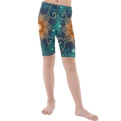 Beautiful Tangerine Orange And Teal Lotus Fractals Kids  Mid Length Swim Shorts by jayaprime