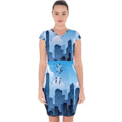 City Building Blue Sky Capsleeve Drawstring Dress  by Mariart