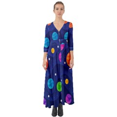Planet Space Moon Galaxy Sky Blue Polka Button Up Boho Maxi Dress by Mariart