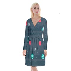 Space Pelanet Galaxy Comet Star Sky Blue Long Sleeve Velvet Front Wrap Dress by Mariart