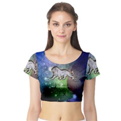 Wonderful Lion Silhouette On Dark Colorful Background Short Sleeve Crop Top by FantasyWorld7