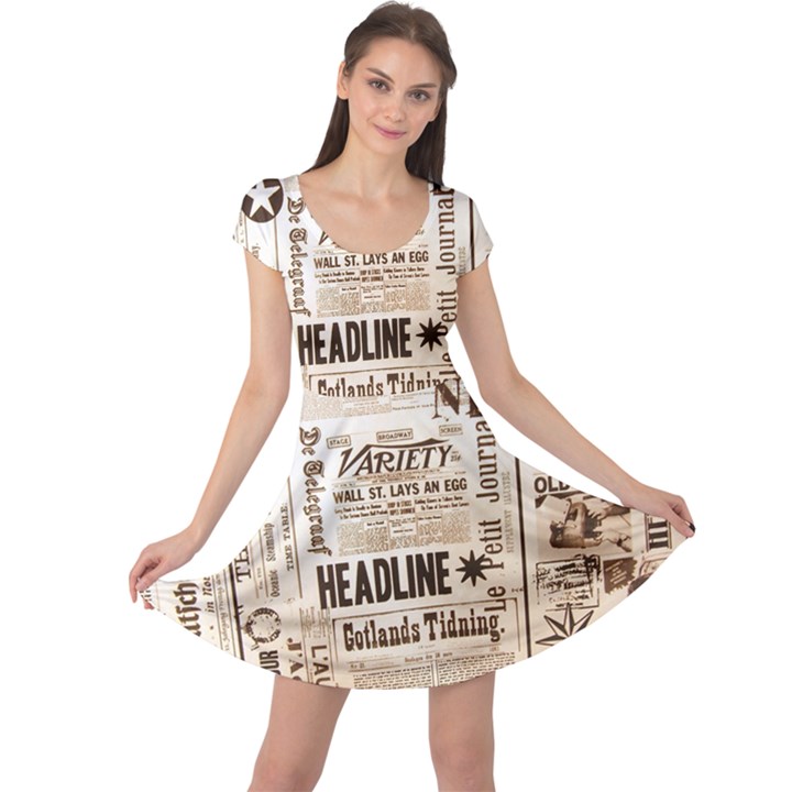 Vintage Newspapers Headline Typography Cap Sleeve Dress