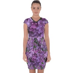 Purple Flowers Cotton Capsleeve Drawstring Dress 
