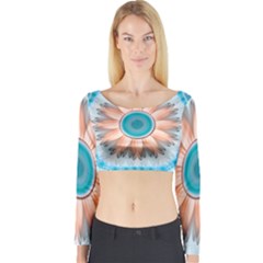 Clean And Pure Turquoise And White Fractal Flower Long Sleeve Crop Top by jayaprime