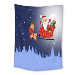 Deer Santa Claus Flying Trees Moon Night Merry Christmas Medium Tapestry by Alisyart