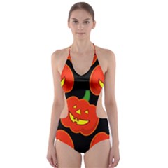 Halloween Party Pumpkins Face Smile Ghost Orange Black Cut-out One Piece Swimsuit