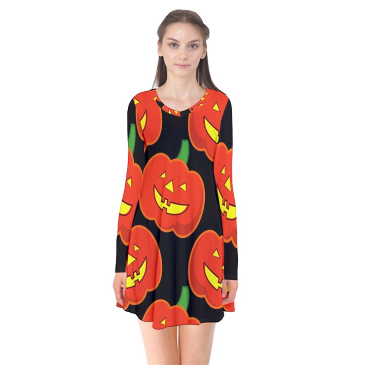 Halloween Party Pumpkins Face Smile Ghost Orange Black Flare Dress