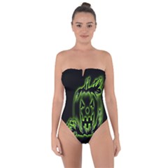 Pumpkin Black Halloween Neon Green Face Mask Smile Tie Back One Piece Swimsuit by Alisyart