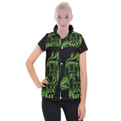 Pumpkin Black Halloween Neon Green Face Mask Smile Women s Button Up Puffer Vest by Alisyart