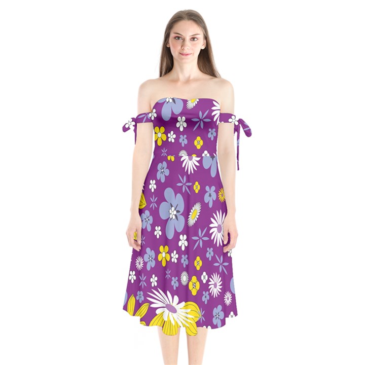 Floral Flowers Shoulder Tie Bardot Midi Dress