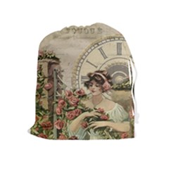French Vintage Girl Roses Clock Drawstring Pouches (extra Large) by Celenk