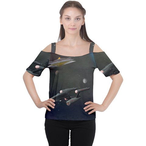 Space Travel Spaceship Space Cutout Shoulder Tee by Celenk