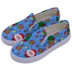 Santa And Rudolph Pattern Kids  Canvas Slip Ons by Valentinaart