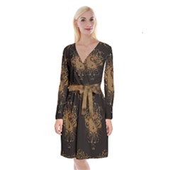 The Sign Ying And Yang With Floral Elements Long Sleeve Velvet Front Wrap Dress by FantasyWorld7