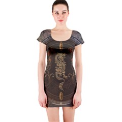 Golden Chinese Dragon On Vintage Background Short Sleeve Bodycon Dress by FantasyWorld7