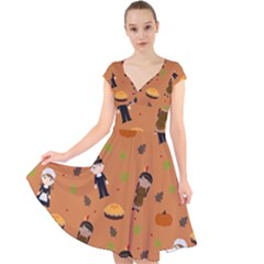 Pilgrims And Indians Pattern - Thanksgiving Cap Sleeve Front Wrap Midi Dress by Valentinaart