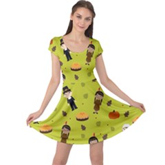 Pilgrims And Indians Pattern - Thanksgiving Cap Sleeve Dress by Valentinaart