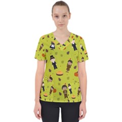 Pilgrims And Indians Pattern - Thanksgiving Scrub Top by Valentinaart