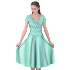 Classy Tiffany Aqua Blue Sailor Stripes Cap Sleeve Wrap Front Dress by PodArtist