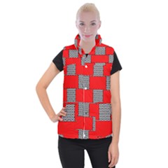 Black And White Red Patterns Women s Button Up Puffer Vest by Celenk