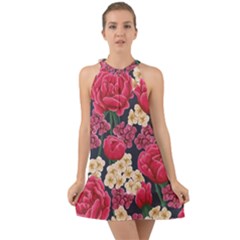 Pink Roses And Daisies Halter Tie Back Chiffon Dress by allthingseveryone