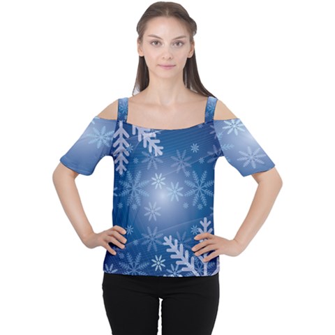 Snowflakes Background Blue Snowy Cutout Shoulder Tee by Celenk