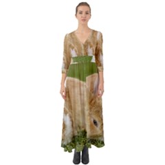 Beautiful Blue Eyed Bunny On Green Grass Button Up Boho Maxi Dress by Ucco