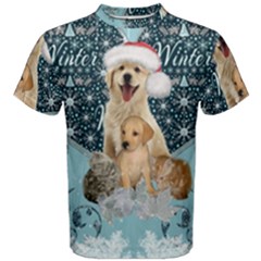 It s Winter And Christmas Time, Cute Kitten And Dogs Men s Cotton Tee by FantasyWorld7