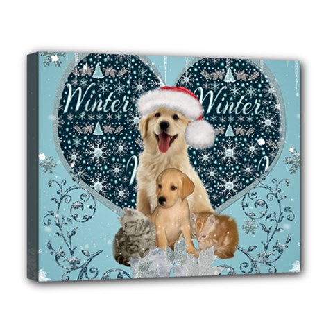 It s Winter And Christmas Time, Cute Kitten And Dogs Deluxe Canvas 20  X 16   by FantasyWorld7