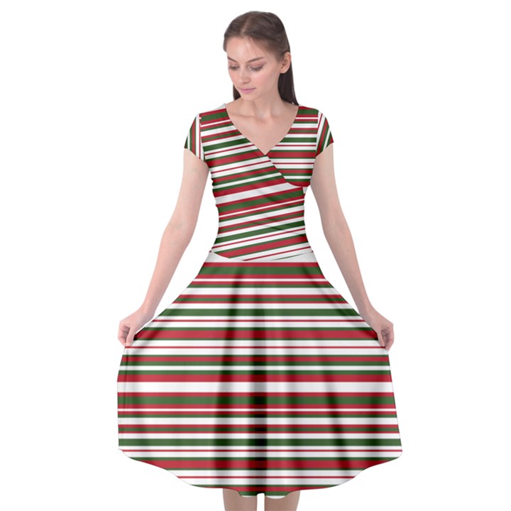 Christmas Stripes Pattern Cap Sleeve Wrap Front Dress
