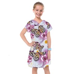Butterflies With White And Purple Flowers  Kids  Drop Waist Dress by Bigfootshirtshop