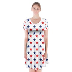 Patriotic Red White Blue Stars Usa Short Sleeve V-neck Flare Dress by Celenk