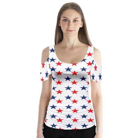 Patriotic Red White Blue Stars Usa Butterfly Sleeve Cutout Tee  by Celenk