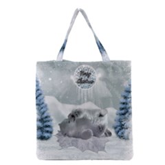 Cute Polar Bear Baby, Merry Christmas Grocery Tote Bag by FantasyWorld7