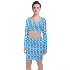 Fabric Geometric Aqua Crescents Long Sleeve Crop Top & Bodycon Skirt Set by Celenk