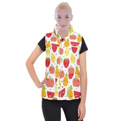 Happy Fruits Pattern Women s Button Up Puffer Vest by Bigfootshirtshop