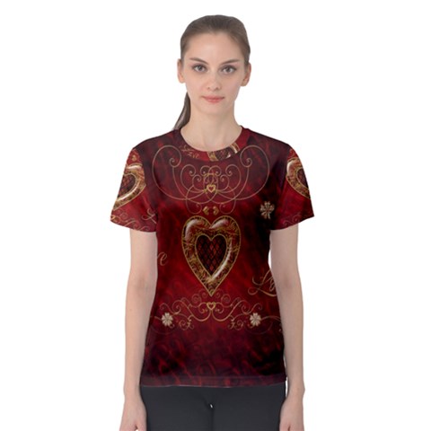 Wonderful Hearts With Floral Elemetns, Gold, Red Women s Sport Mesh Tee by FantasyWorld7