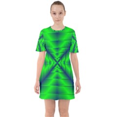 Shiny Lime Navy Sheen Radiate 3d Sixties Short Sleeve Mini Dress by Celenk