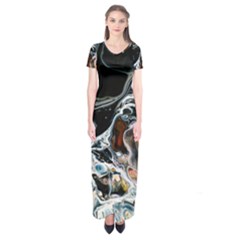 Abstract Flow River Black Short Sleeve Maxi Dress by Celenk
