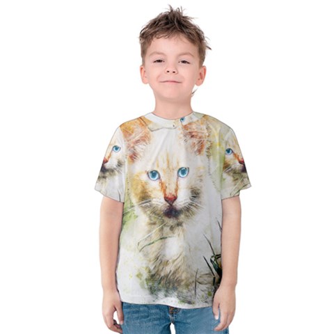 Cat Animal Art Abstract Watercolor Kids  Cotton Tee by Celenk