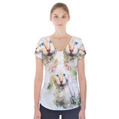 Cat Animal Art Abstract Watercolor Short Sleeve Front Detail Top by Celenk