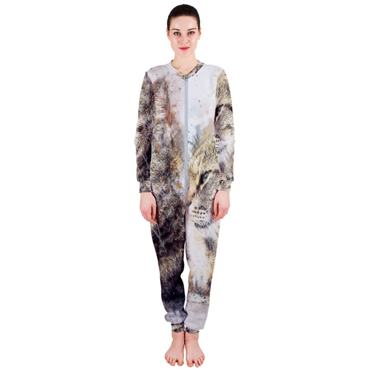Cat Animal Art Abstract Watercolor OnePiece Jumpsuit (Ladies) 