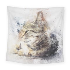 Cat Animal Art Abstract Watercolor Square Tapestry (large) by Celenk