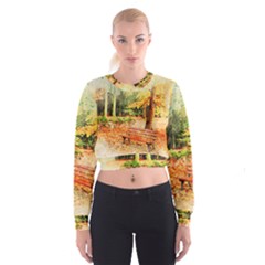 Tree Park Bench Art Abstract Cropped Sweatshirt by Celenk