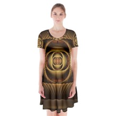Fractal Copper Amber Abstract Short Sleeve V-neck Flare Dress by Celenk