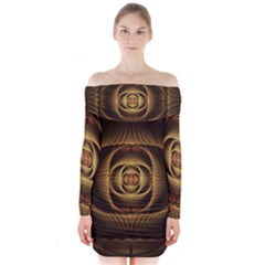 Fractal Copper Amber Abstract Long Sleeve Off Shoulder Dress by Celenk