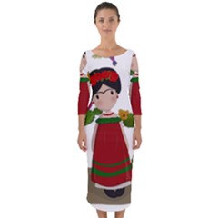 Frida Kahlo Doll Quarter Sleeve Midi Bodycon Dress by Valentinaart