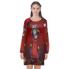 Funny, Cute Parrot With Butterflies Long Sleeve Chiffon Shift Dress  by FantasyWorld7