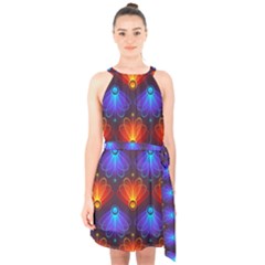 Background Colorful Abstract Halter Collar Waist Tie Chiffon Dress